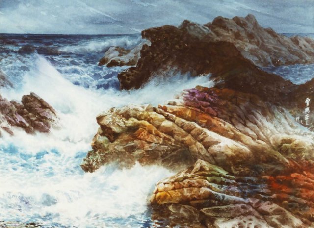 Z097 曾興平---虎岩生威(小野柳一景)水彩 4K 1998 